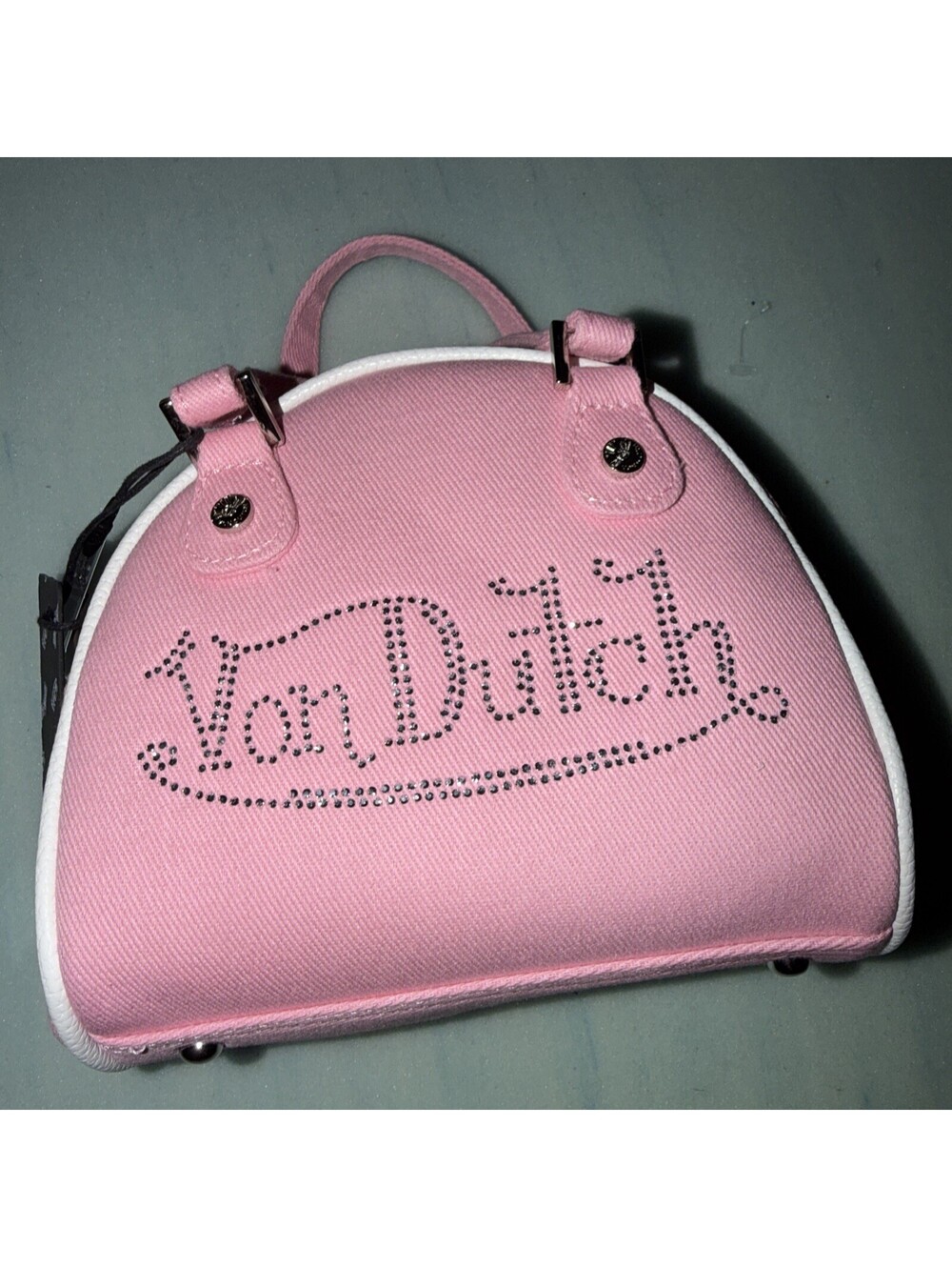 NWT Von Dutch Pink Rhinestone Logo Mini Bowler Satchel Crossbody Bag